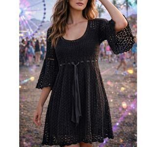 Vintage Y2K Black Crochet Flare Sleeve Ribbon Tie Midi Dress Whimisgoth Size XL